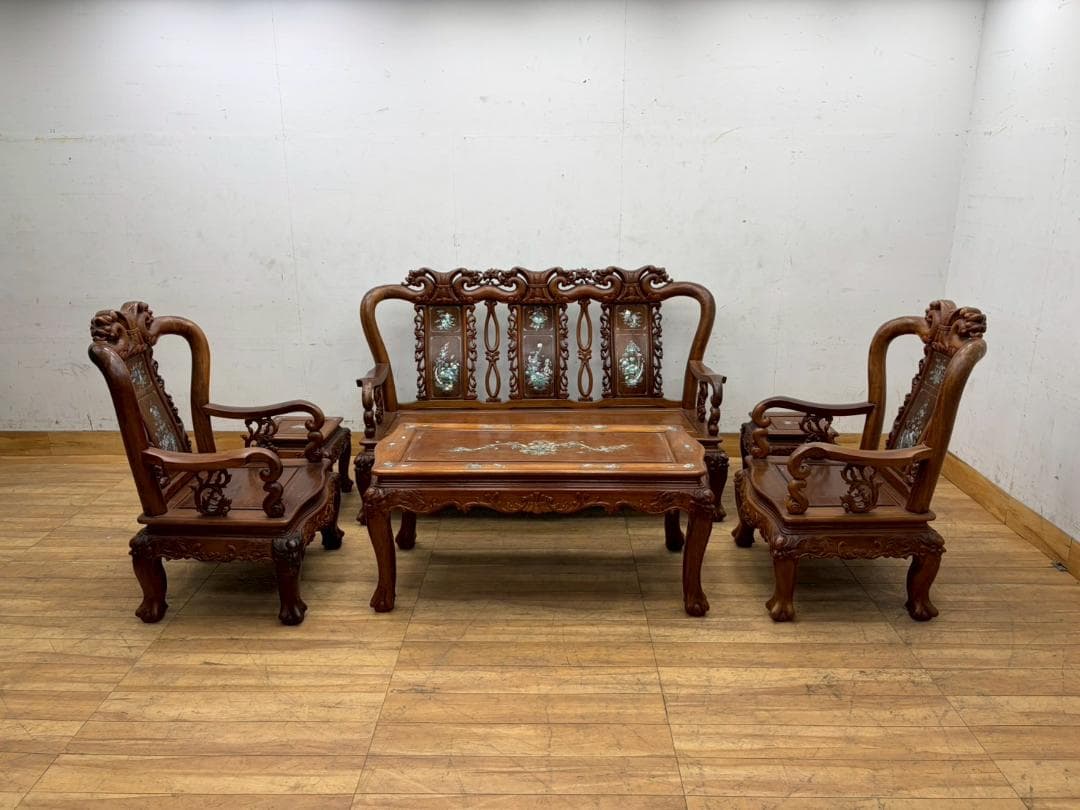 T7990☆美品☆花梨無垢材☆螺鈿細工☆応接6点セット☆唐木家具☆彫刻☆中国☆