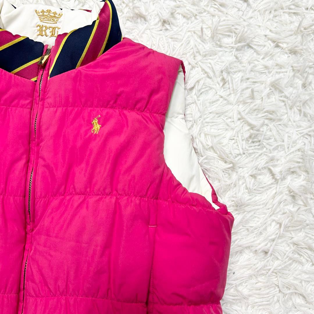 極上品 ラルフローレン ダウンベスト ポニー 白 ピンク リバーシブル 金金具