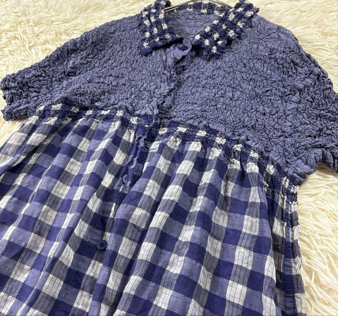 ISSEIMIYAKE イッセイミヤケ　シャツ　チェック柄　シワ加工　半袖