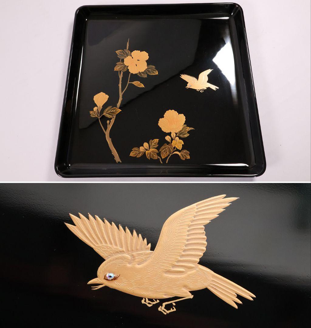 【MB204】天然木漆塗 花鳥絵替金蒔絵 黒塗卓上膳十客 四方膳 36.3cｍ