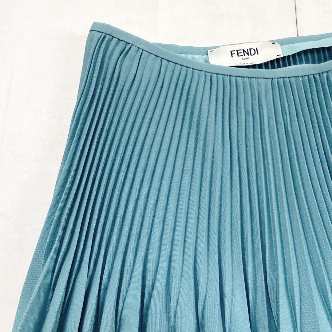 極美品 現行タグ FENDI モヘア プリーツスカート ロング ターコイズブルー