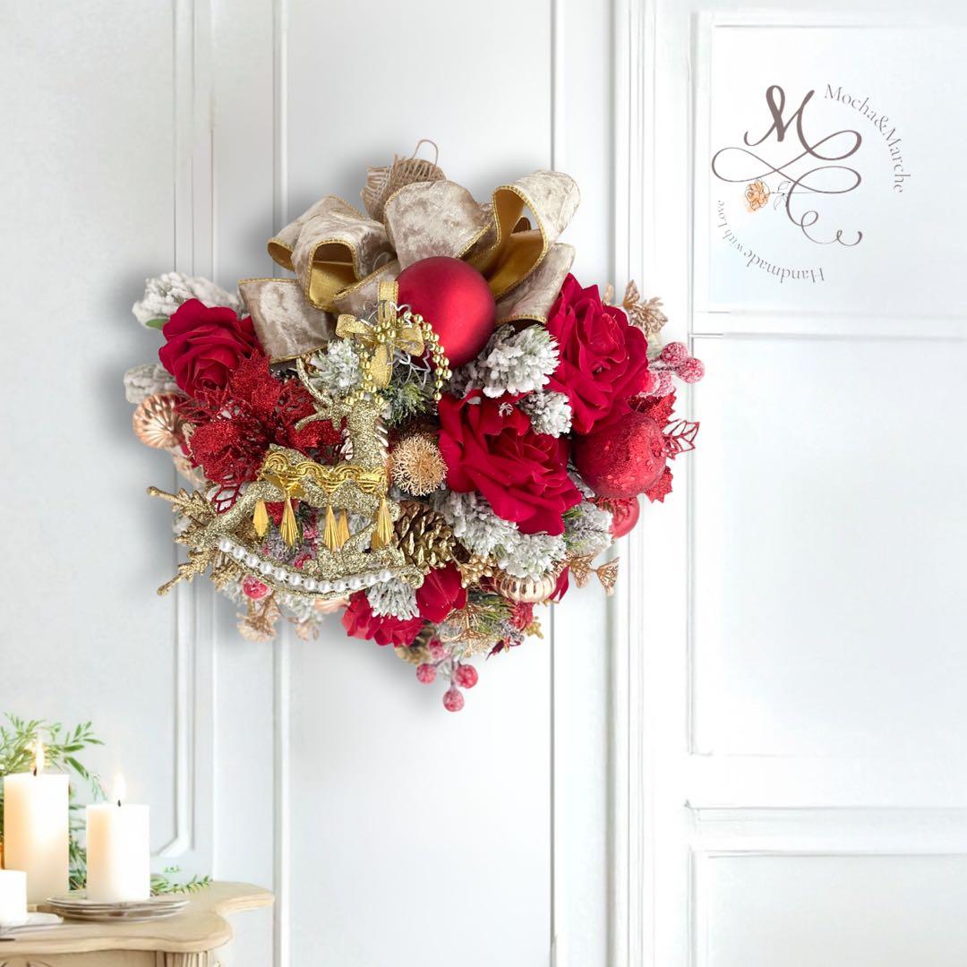 クリスマススワッグS＊赤い薔薇と雪化粧のノエルリュクス クリスマスリース 飾り