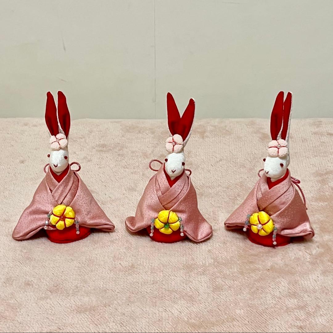 うさぎ雛人形飾り☆ひな祭り☆セット☆三人官女☆古着物再利用☆手作り☆保管品