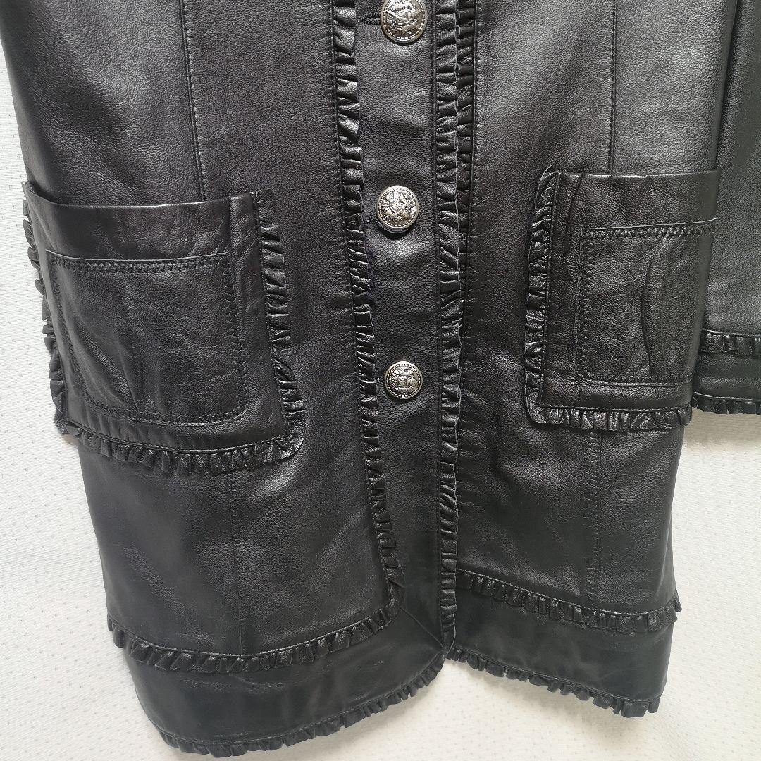 美品　MERION　柔らかい羊革フリルロングコート　ブラック