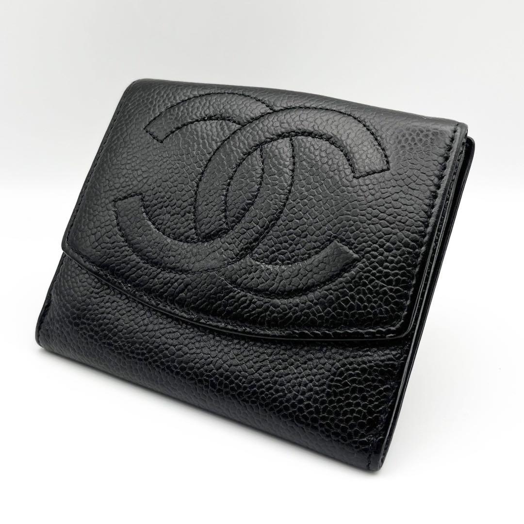 CHANEL シャネル Wホック 二つ折り財布 キャビアスキン ココマーク