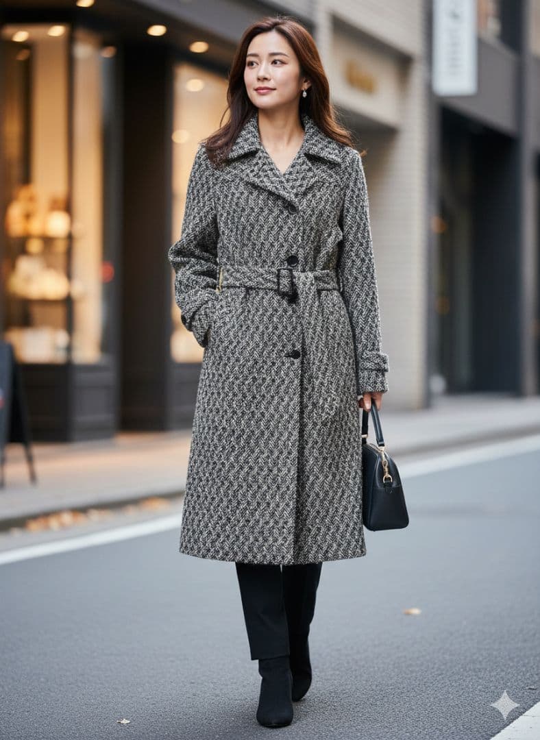 23区 ウール カシミヤ ツイード ロング コート ヘリンボーン ベルト 黒