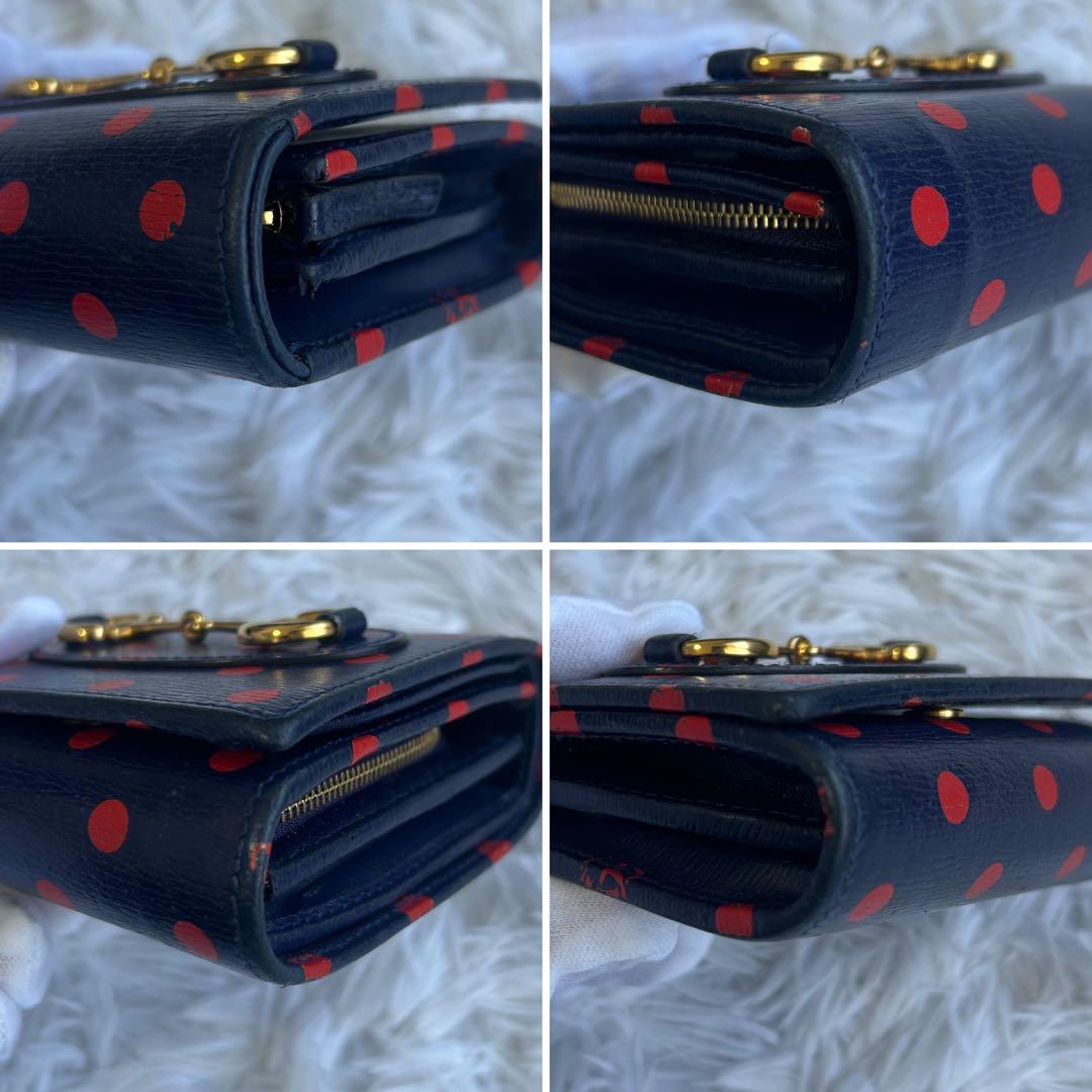 ✨美品✨希少✨グッチ ホースビット 二つ折り財布 ポルカドット ネイビー