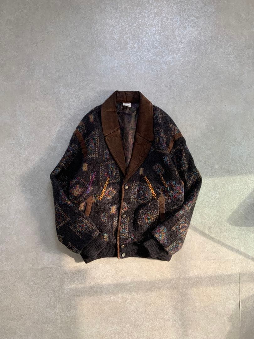 Euro vintage 70s ニットジャケット Wool leather