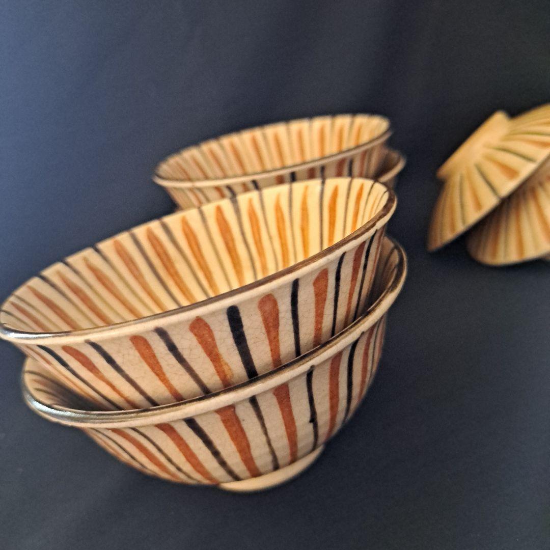 「麦わら手(で)を愉しむ！」瀬戸焼き蓋茶碗(直径11.5cm) 4客セット 骨董