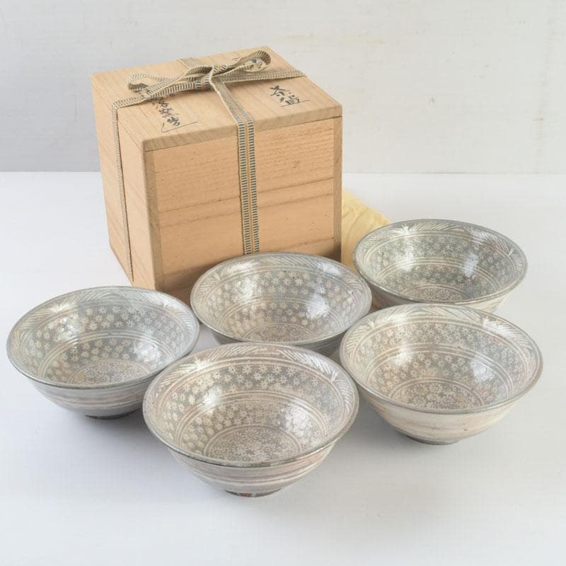 美優 茶道具　金海駕洛窯　三島　数茶碗　五客　共箱　V　9468