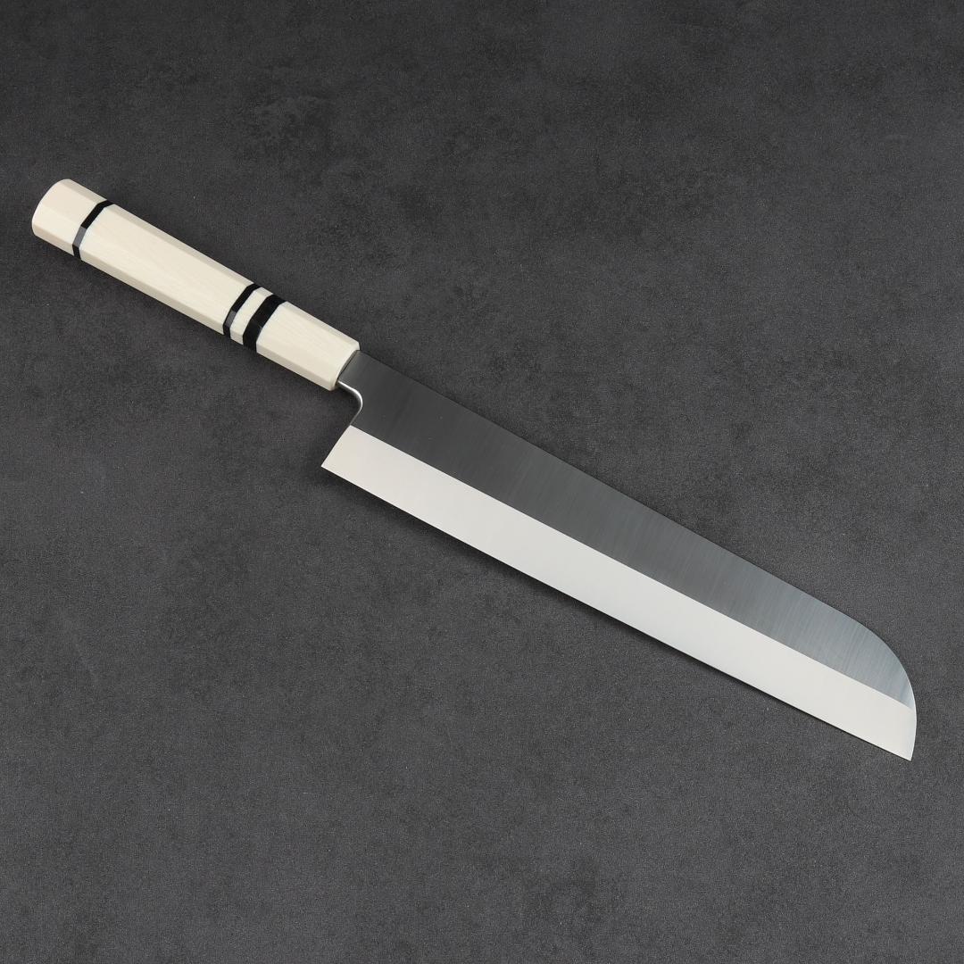 7015 鎌型薄刃包丁 8寸 刃渡り240mm 刺身包丁 人工象牙黒三本巻八角柄