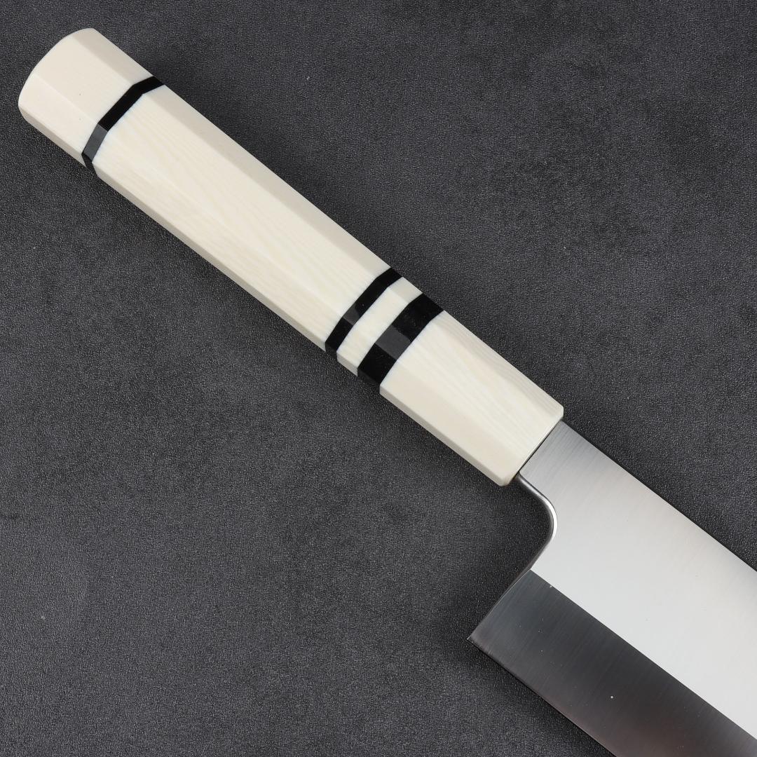 7015 鎌型薄刃包丁 8寸 刃渡り240mm 刺身包丁 人工象牙黒三本巻八角柄