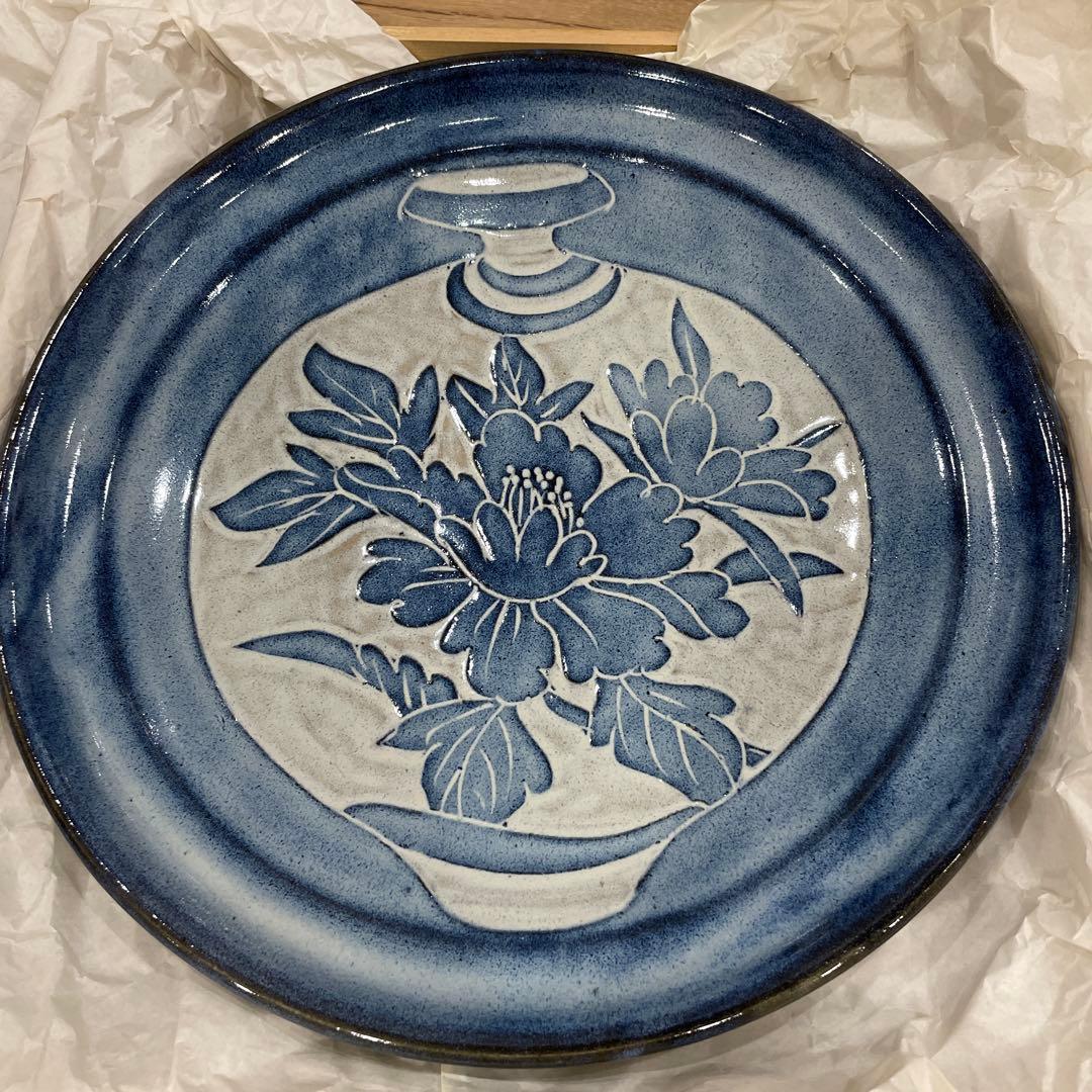 未使用品 皿 器 益子焼 牡丹 特大 大皿 直径38cm 清窯 大塚清章