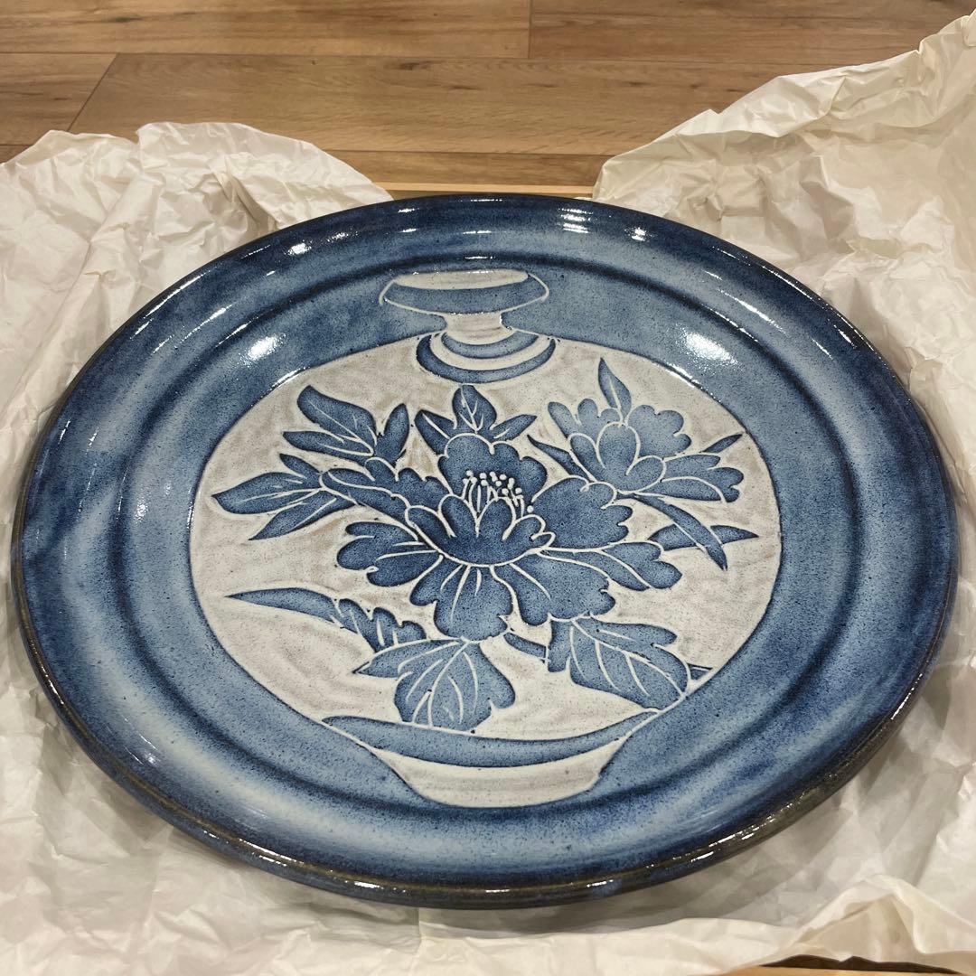 未使用品 皿 器 益子焼 牡丹 特大 大皿 直径38cm 清窯 大塚清章
