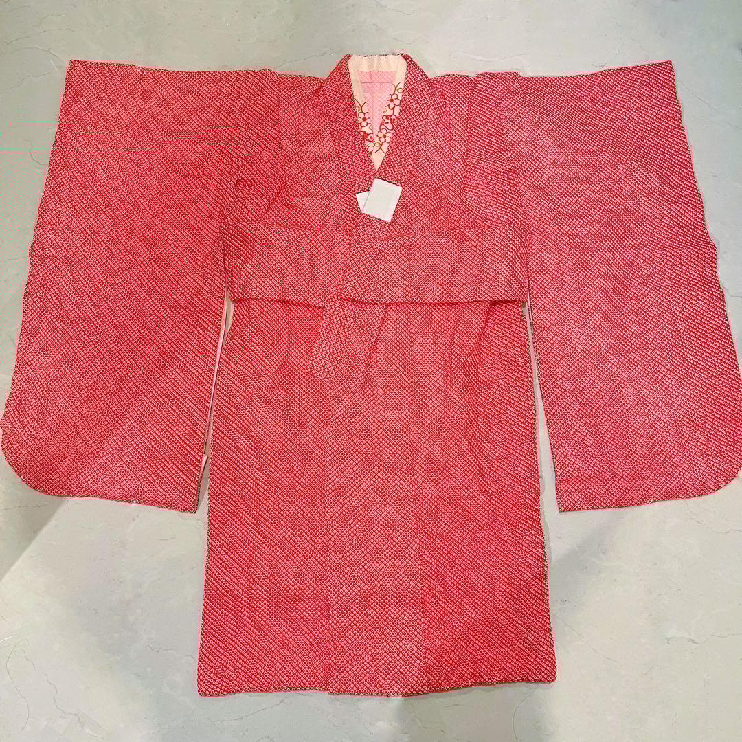 着物 正絹 朱赤 赤 総絞り 絞り 疋田柄 七五三 3歳 7歳 四つ身 お祝い