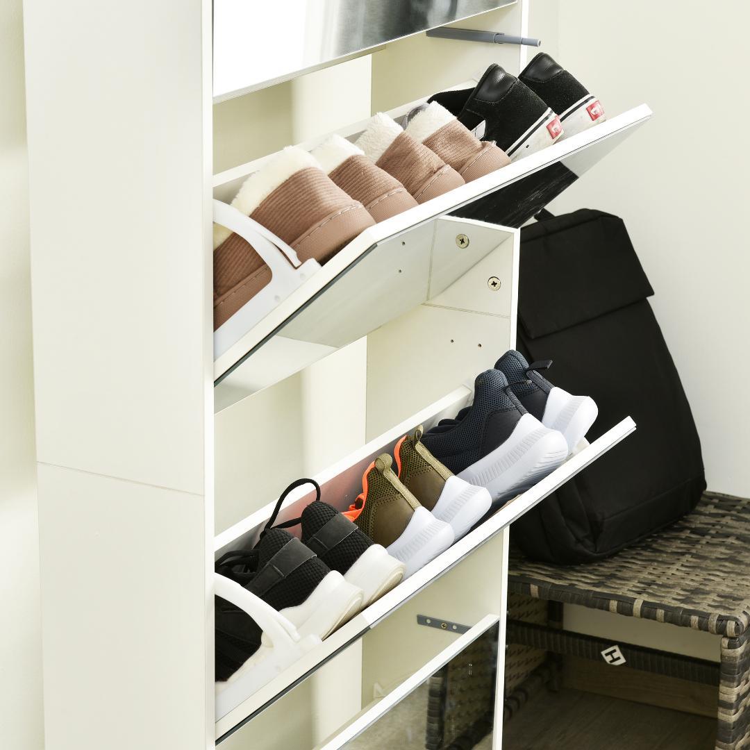 【鏡タイプ】下駄箱4段 シューズラック 玄関収納 スリムタイプ 靴収納ラック 黒