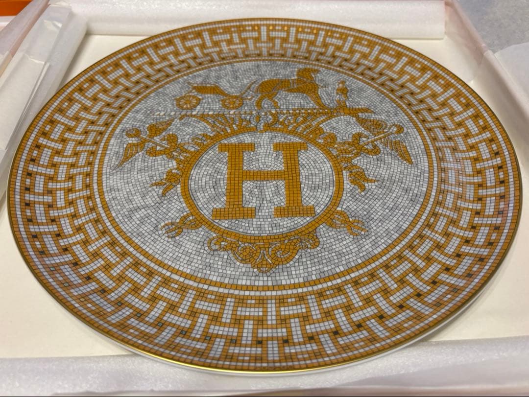 ロゴ布袋つき HERMES エルメス タルトプラッター モザイク24 ゴールド