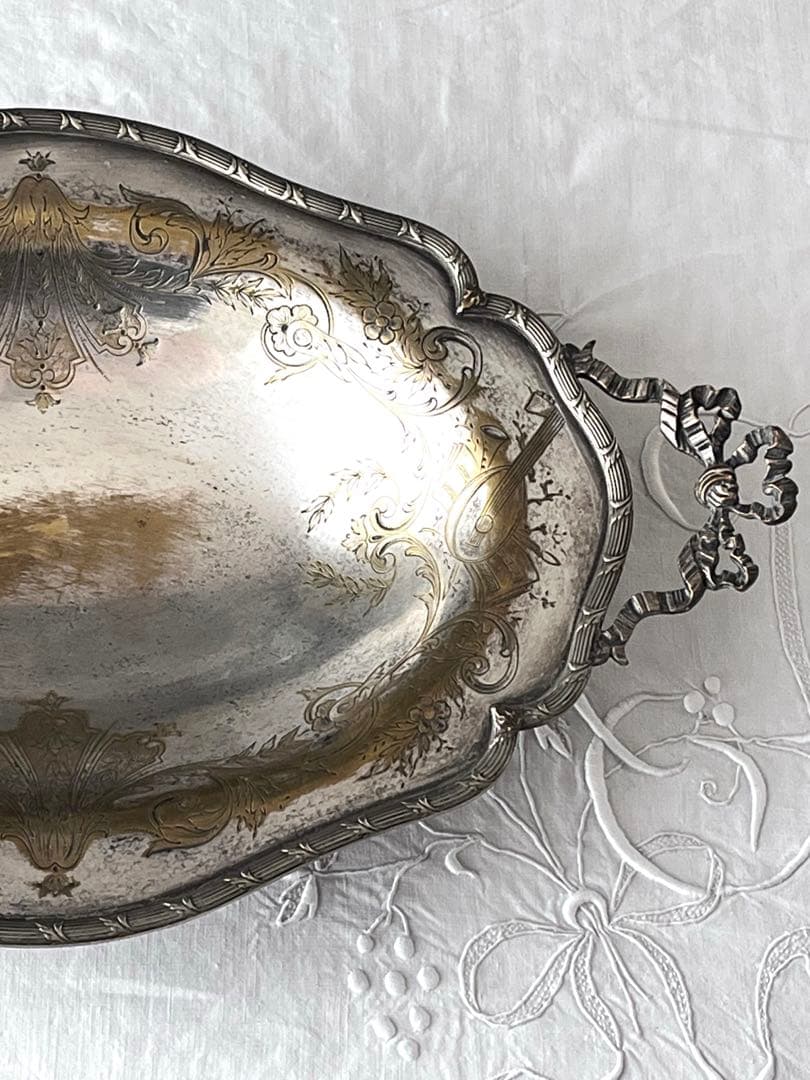 【美品】フランスアンティーク リボンモチーフ シルバー 大きなトレー[3675]