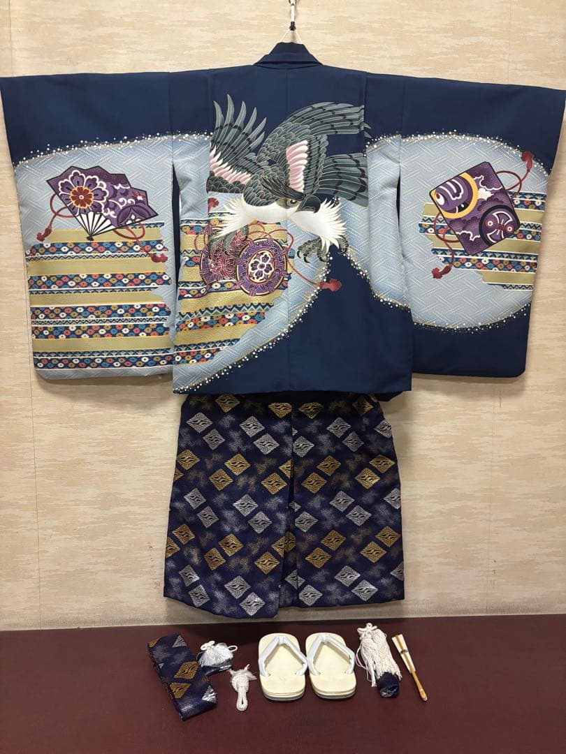 七五三　5歳男の子　着物・袴セット　明るい紺色　ブルーグレー　鷹　鼓