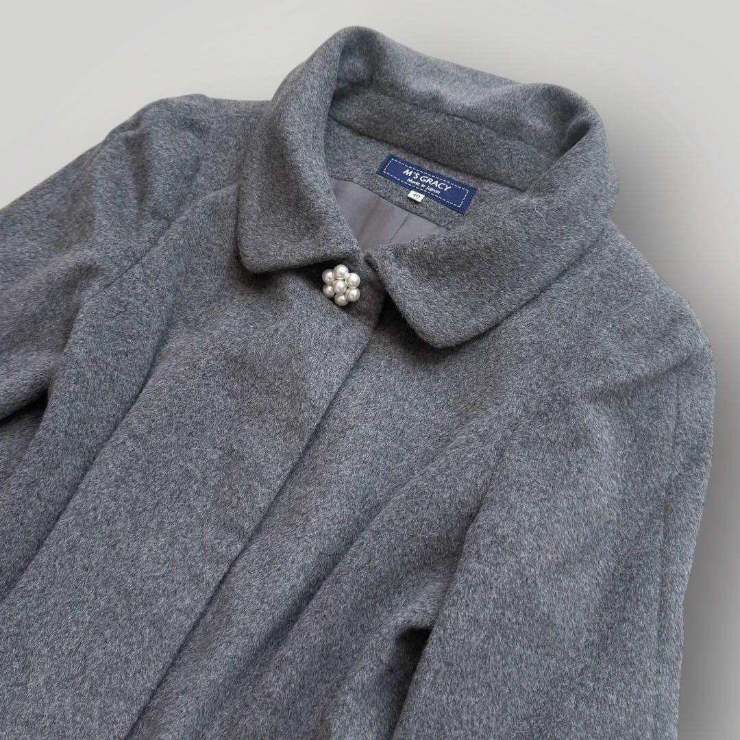 美品 M'S GRACY リボン ステンカラーコート カメリア グレー 40