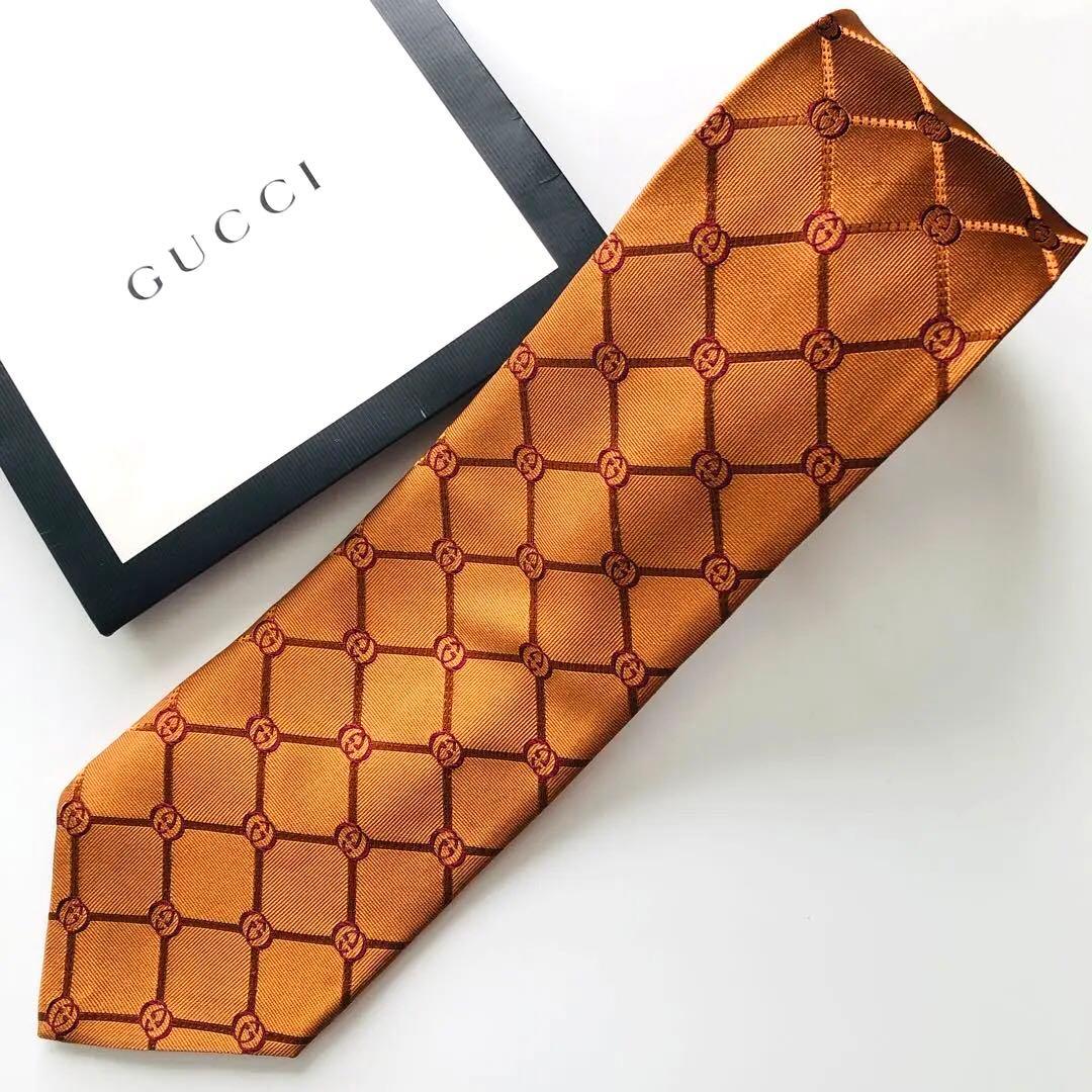 GUCCI ネクタイ 紋章柄 オレンジ