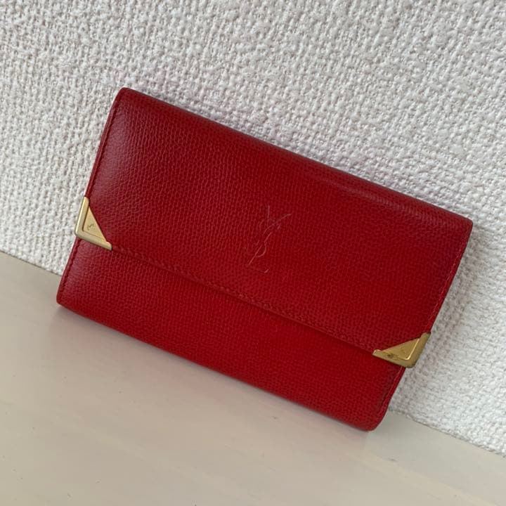 美品 イヴサンローラン 牛革製 レザー がま口 三つ折り財布 ミニ財布 RED