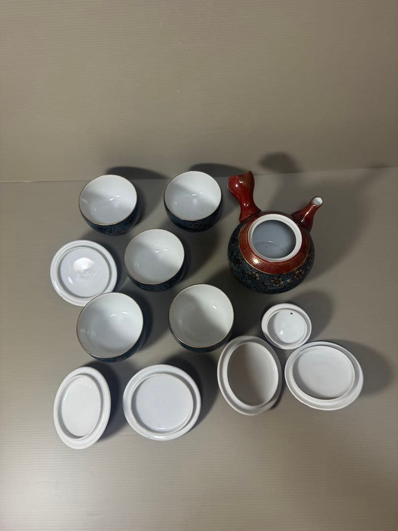 2086 九谷焼　青粒　茶器セット　急須1客　湯呑蓋付5客　金彩