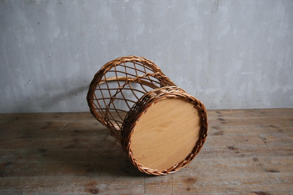 英国アンティークラタン製バスケット/アラログ/カゴバッグ/籐籠ゴミ箱80-130