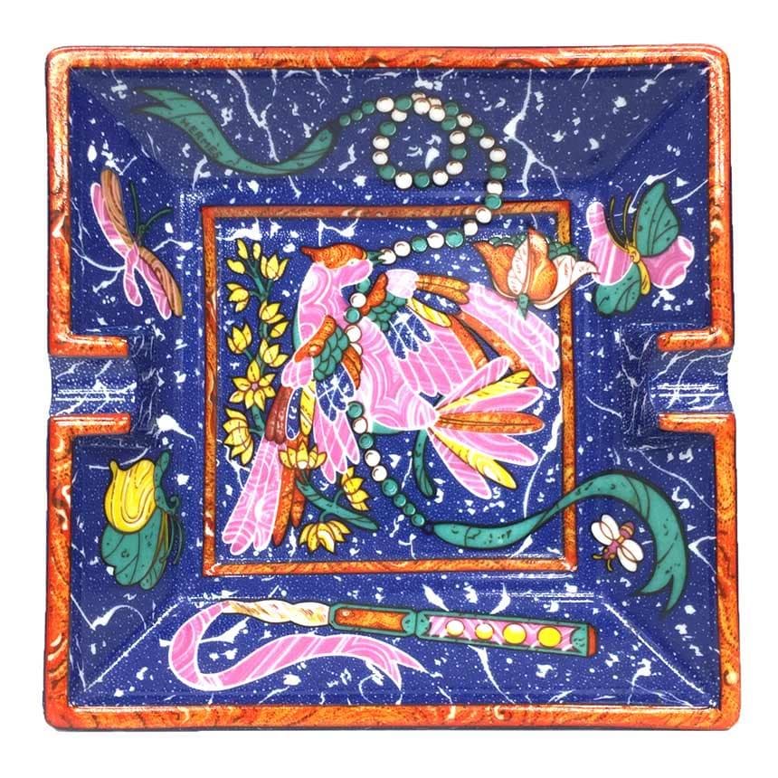HERMES アッシュトレイ 灰皿 鳥 花 蝶 ブルー aq11766