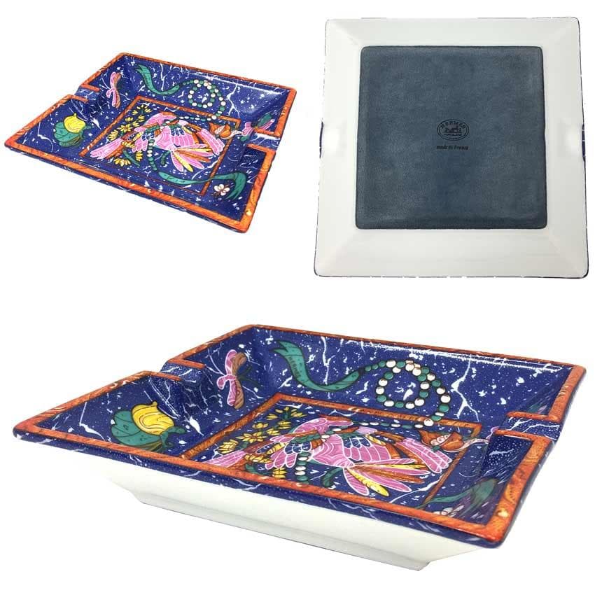 HERMES アッシュトレイ 灰皿 鳥 花 蝶 ブルー aq11766