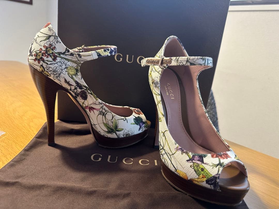 グッチ キャンバス×レザー オープントゥパンプス 36 1/2 レディース