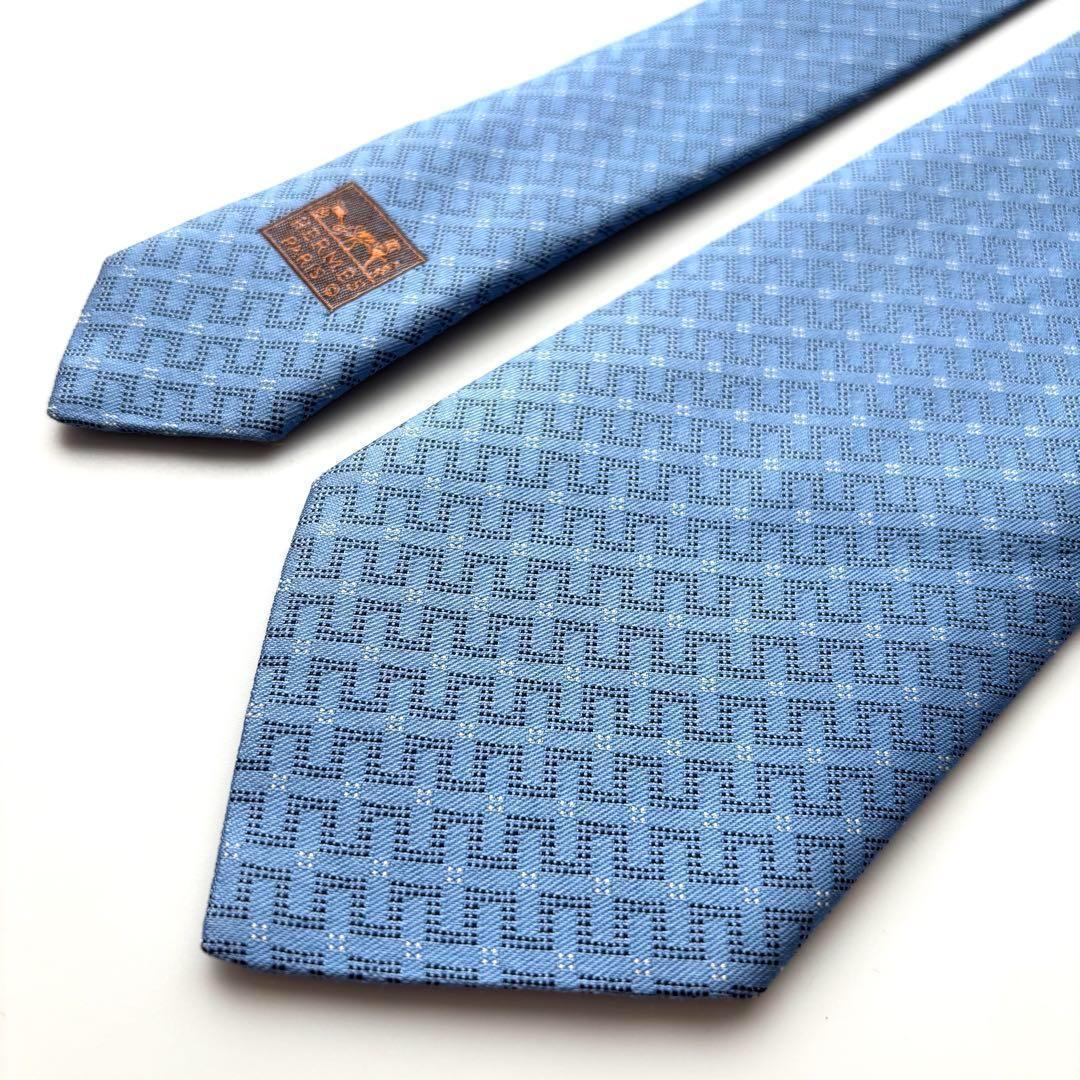 ꧁美品꧂ エルメス ネクタイ ファソネ H柄 ダイヤモンド ストライプ ブルー