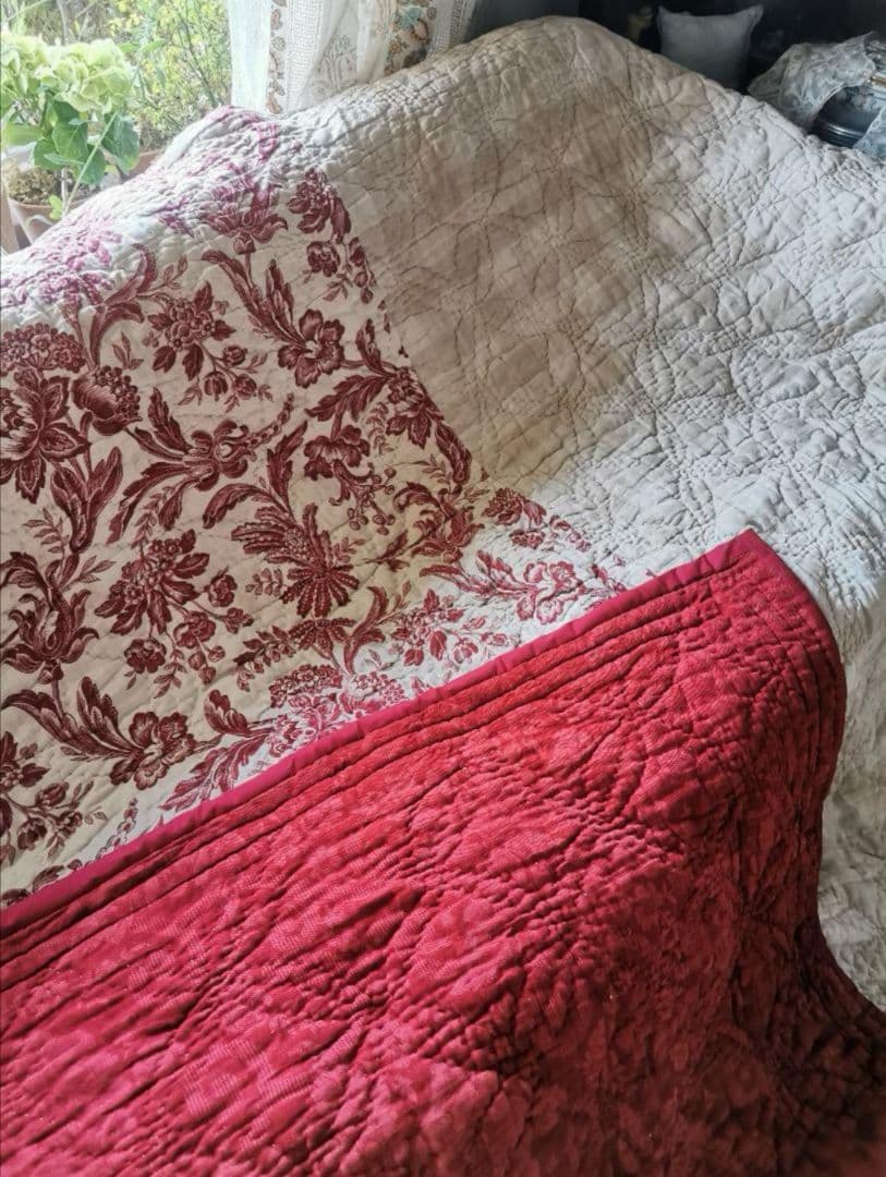 アンティーク フレンチブティ 超肉厚大判キルト ダブルフェイス 花更紗＆チェック