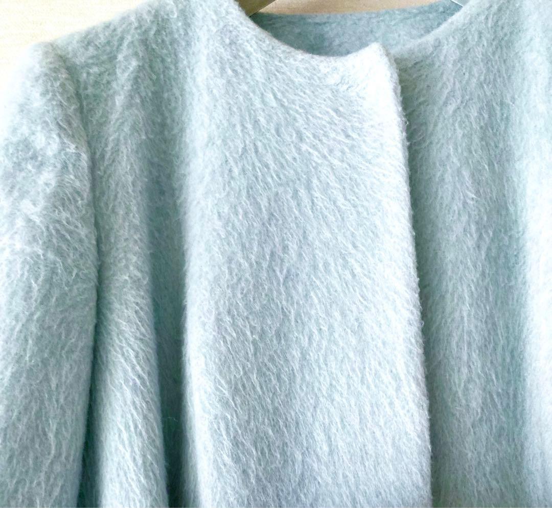 美品　パオラフラーニ　ロングコート　ノーカラー　共布ベルト付　水色　ブルー