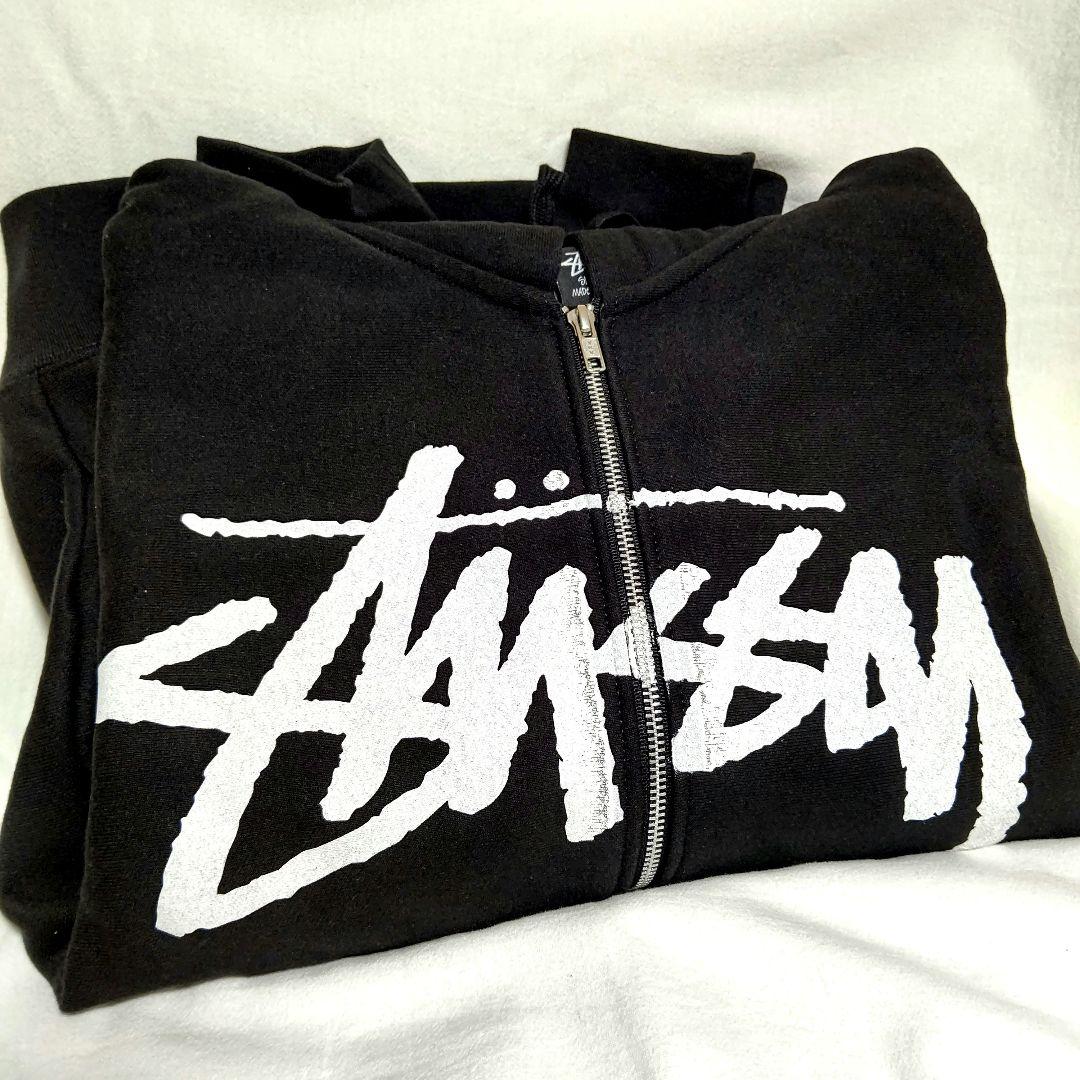 【希少】Stussy ブラック パーカー フロントジッパー　左利き用ジッパー　黒