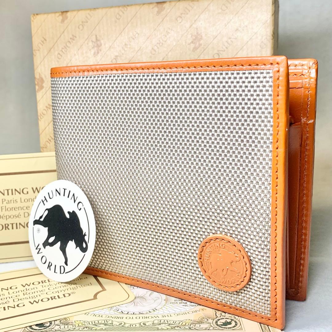 未使用級 ハンティングワールド 折り財布 ゾウロゴ グレー×ブラウン 付属品