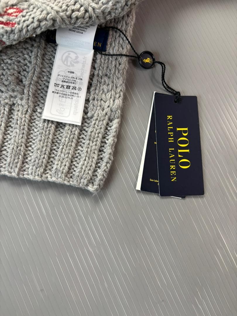 2025定番ベア新品タグ付きラルフローレンポロベアマフラーケーブルニットグレー