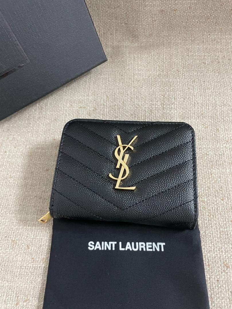 ブラック/綺麗 サンローラン 折り財布Saint Laurent ゴールド ロゴ
