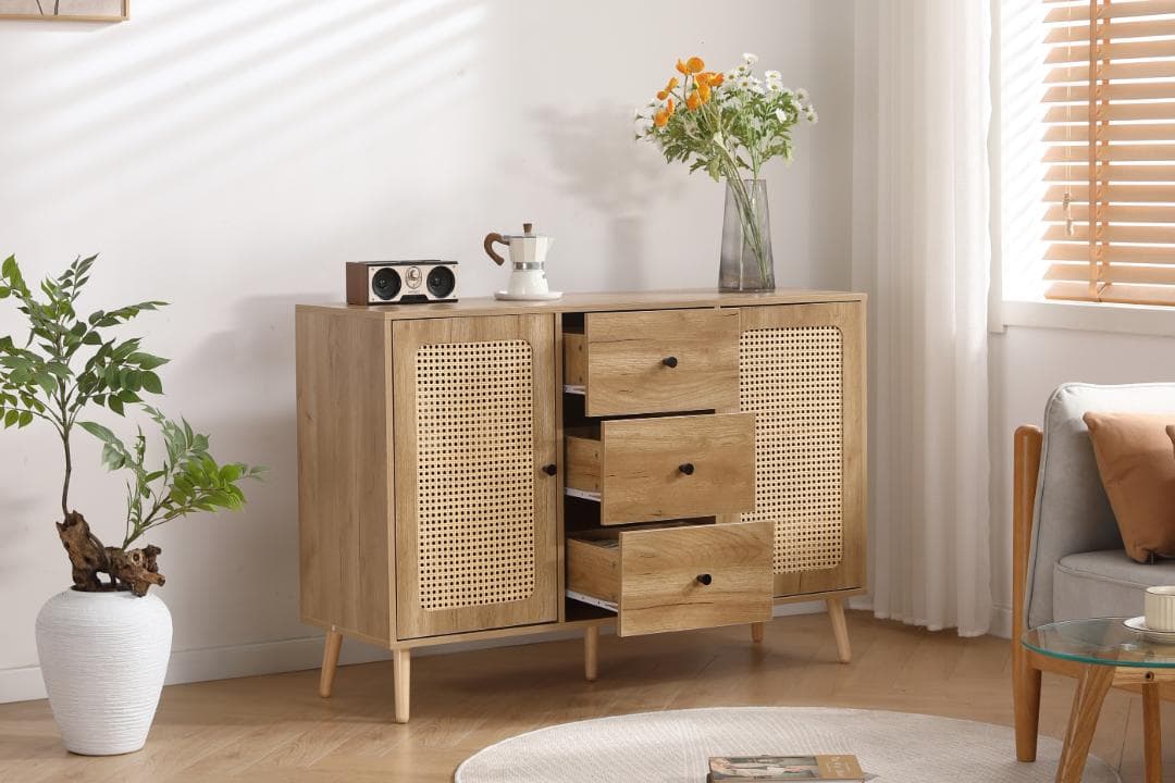 北欧 キャビネット サイドボード チェスト ラタン風 引き出し付き 大容量