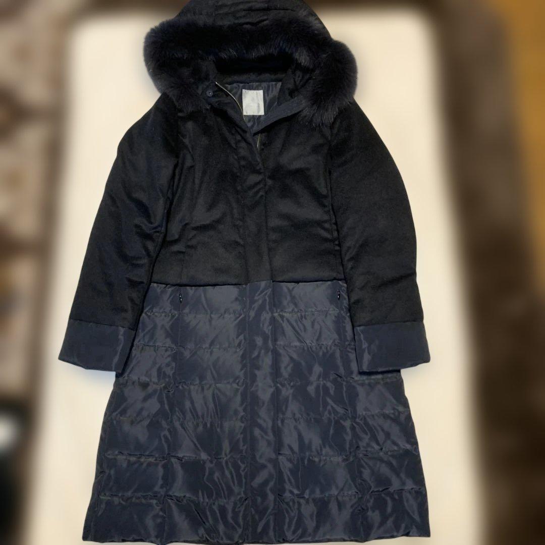 【美品】ダーマコレクションフード付きネイビー カシミヤダウンコート