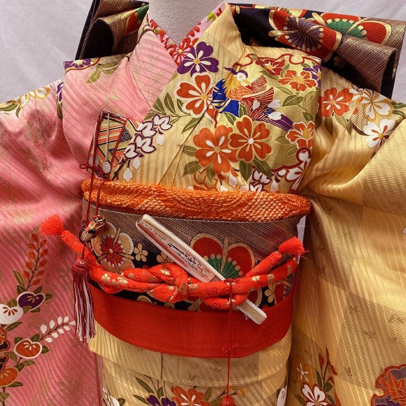 503ag3小物類◎七五三 七歳 女児 古典柄 金彩 着物&袋帯&長襦袢◎美品