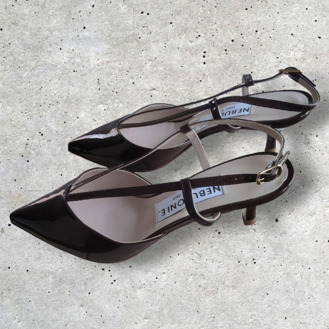 NEBULONIE ブラウン エナメル　ポインテッドトゥ シューズ 38