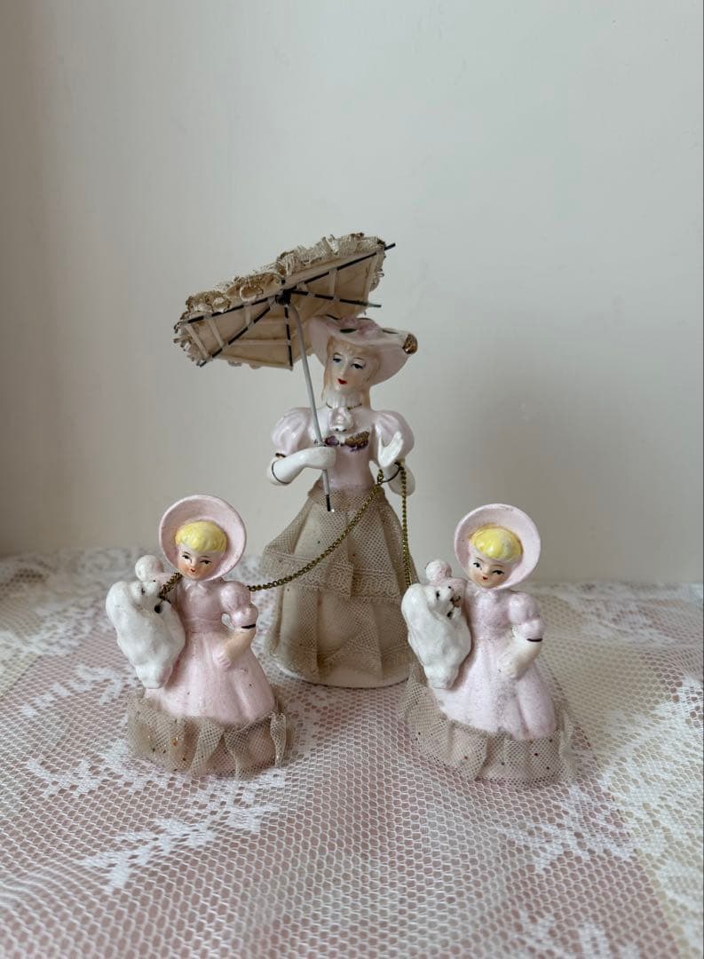 米国アンティーク 親子人形 傘と犬 陶器 フィギュリン