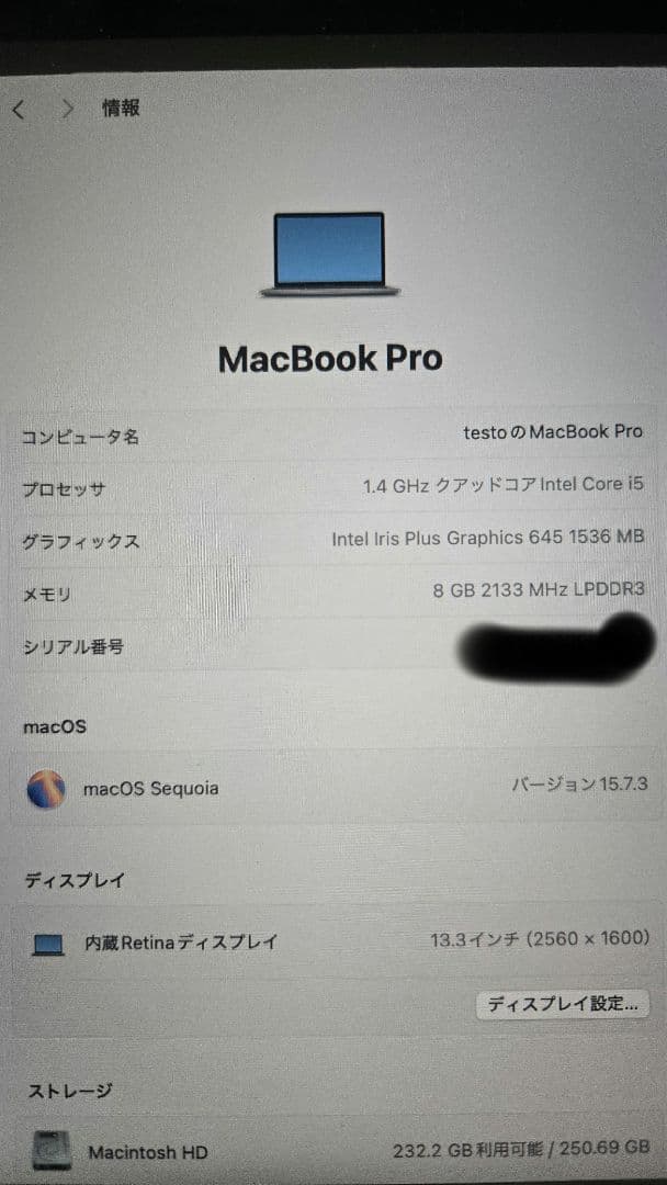MacBook本体 MacBook Pro 2019 13inch i5 8GB 256GB