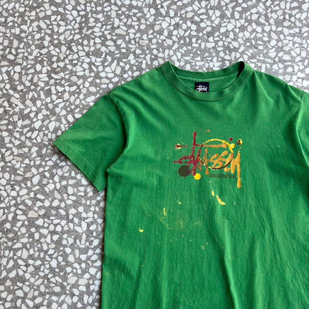 【90年代アメリカ製、ペイントデザイン】stussyストリートTシャツ古着緑M