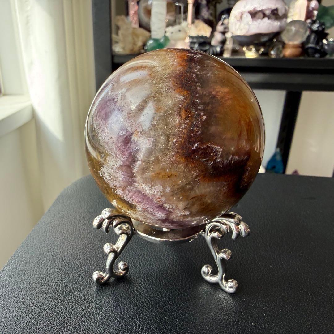 天然石オーラライト共生フローライトのスフィア　丸玉　置物NO.020901