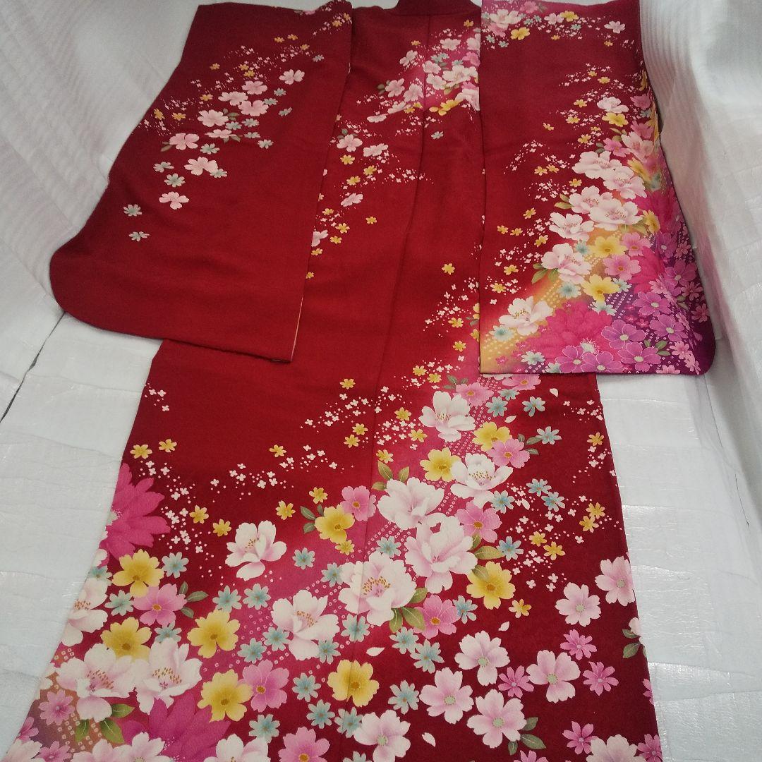 みみ 赤ピンク正絹振袖6点セット袋帯帯締め帯揚げ半襟重ね襟成人式卒業式等