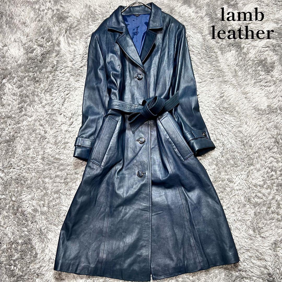 レディース ラムレザー ベルテッドコート ロング ネイビー LL 美品