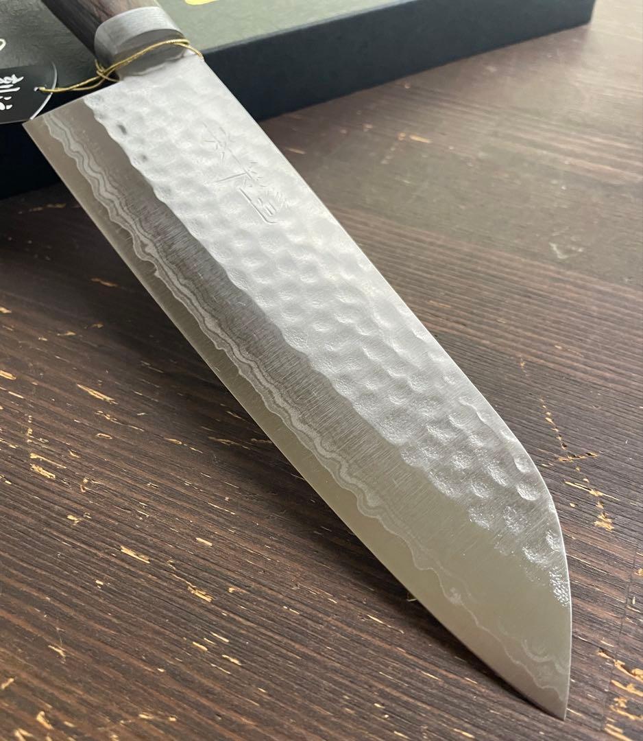 増谷刃物 訓平作 三徳包丁 VG10ステンレス 積層槌目（刻流）口金有 スコッチ