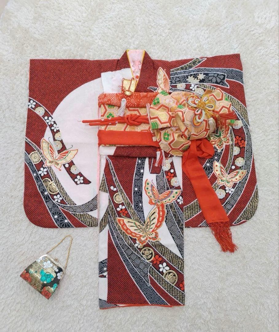 【 美品 】七五三　着物　女の子　7歳　セット　古典柄　ゴールド　赤　おしゃれ